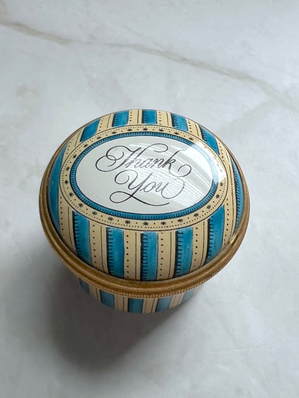 Halcyon Days Royal Warrant Enamel Box: Rare Screw Top, Blue Stripe Sentiment